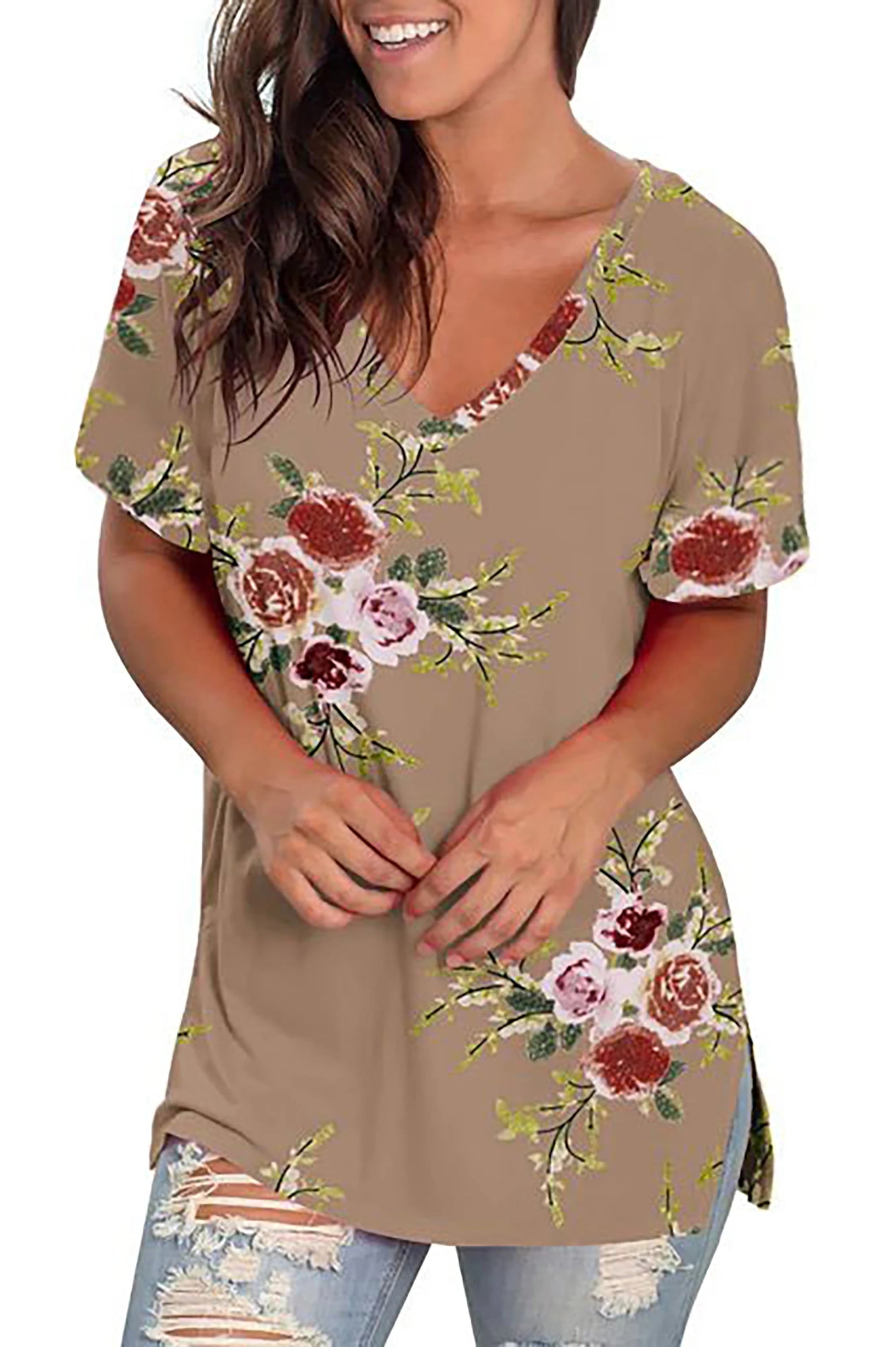 V Neck T Shirts for Women Floral Summer Tops Short Sleeve Shirts Casual Tunic Tops