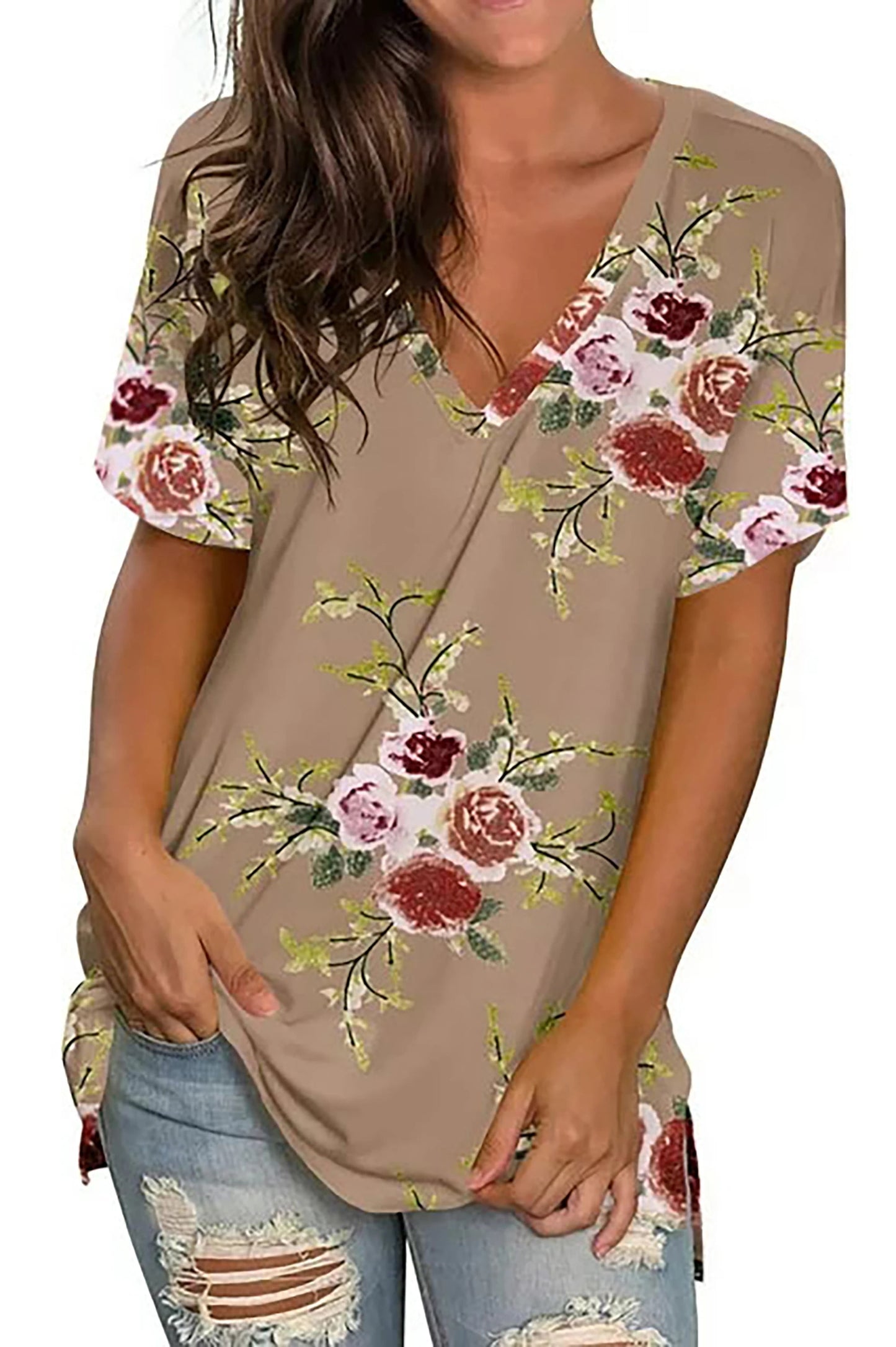 V Neck T Shirts for Women Floral Summer Tops Short Sleeve Shirts Casual Tunic Tops